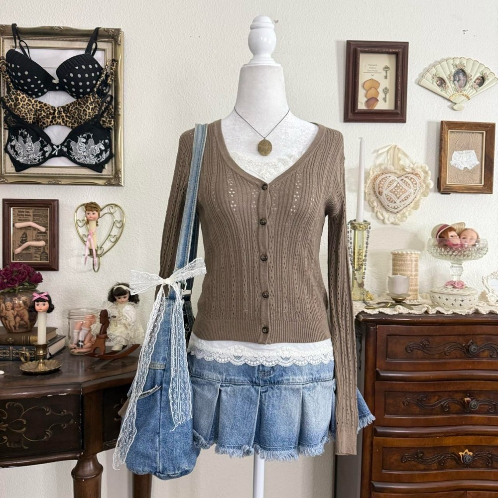 fairy grunge boho brown cropped cardigan - Picture 1 of 5